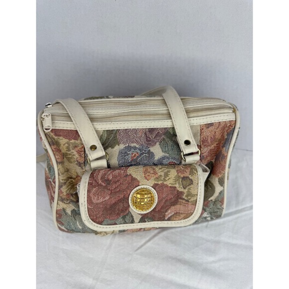 Mitzi Vintage Floral Tapestry Handbag Cream Faux Leather Trim Gold Medallion - Picture 2 of 13